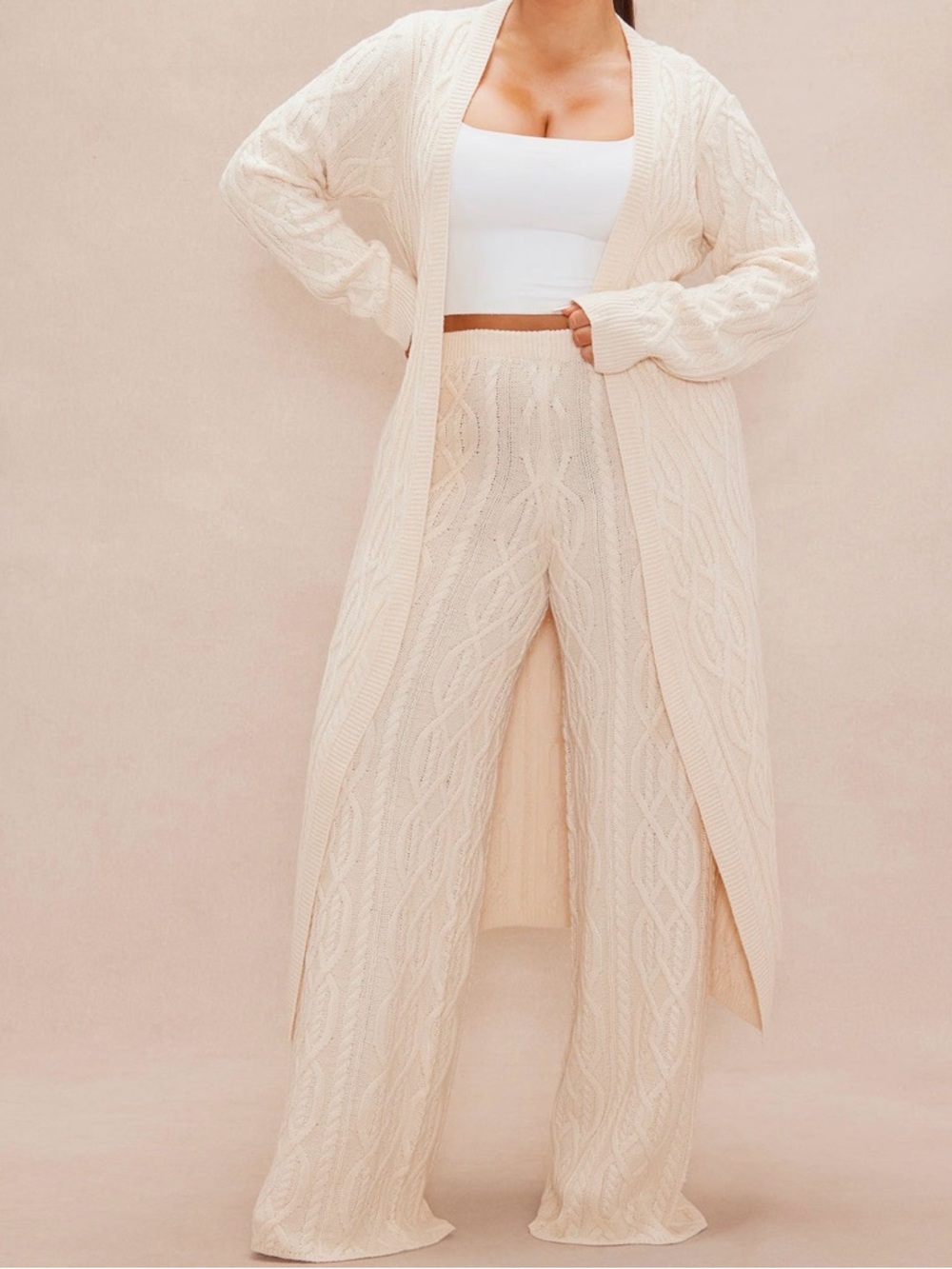Cream Cable Knit Duster Cardigan & Pants Set